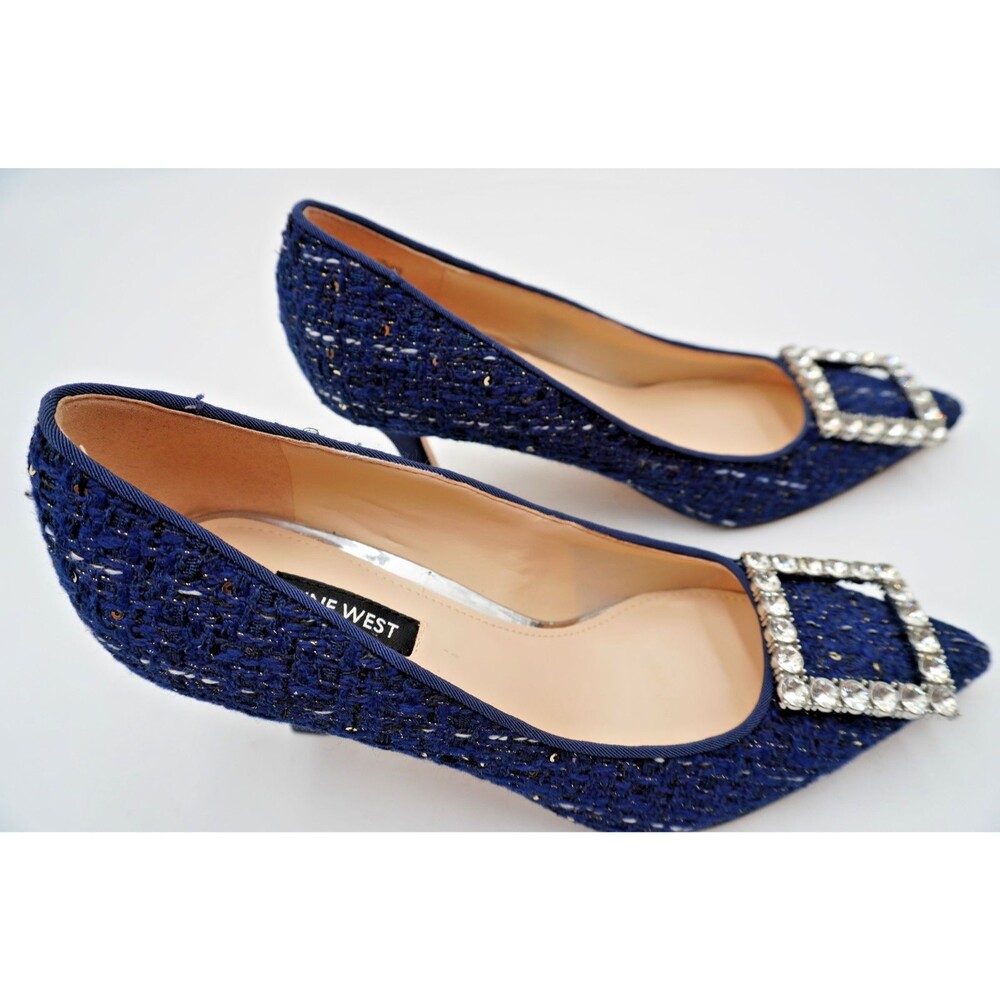 Nine West Womens Sz 7M Jaquee Dark Blue Tweed Embellished Buckle Toe Dress Pumps - Picture 7 of 11